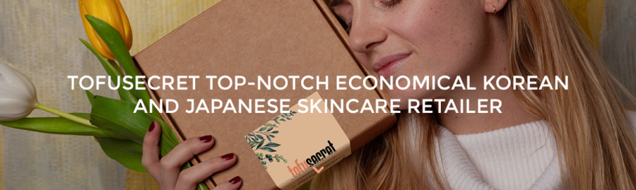 A white woman holding a parcel with TofuSecret's label on it. The text of "TofuSecret: Top-notch economical Korean and Japanese skincare retailer" is in the center of the picture.